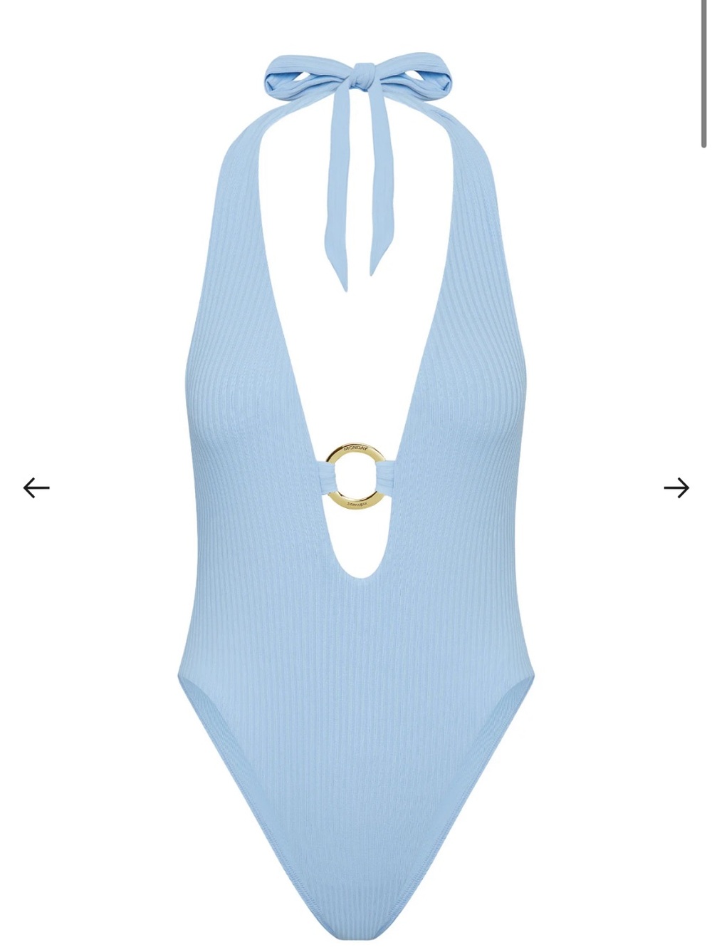 Monday Swimwear Light Blue Ribbed Halter One-Piece with Gold Ring
